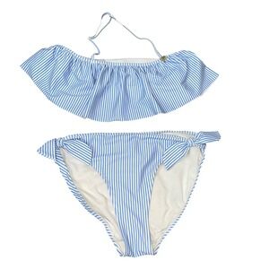 H&M girls swimsuit bikini blue/white bandeau ruffle top bow tie bottom SZ 12